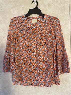 Maeve Orange and Navy Floral Button-Down Blouse